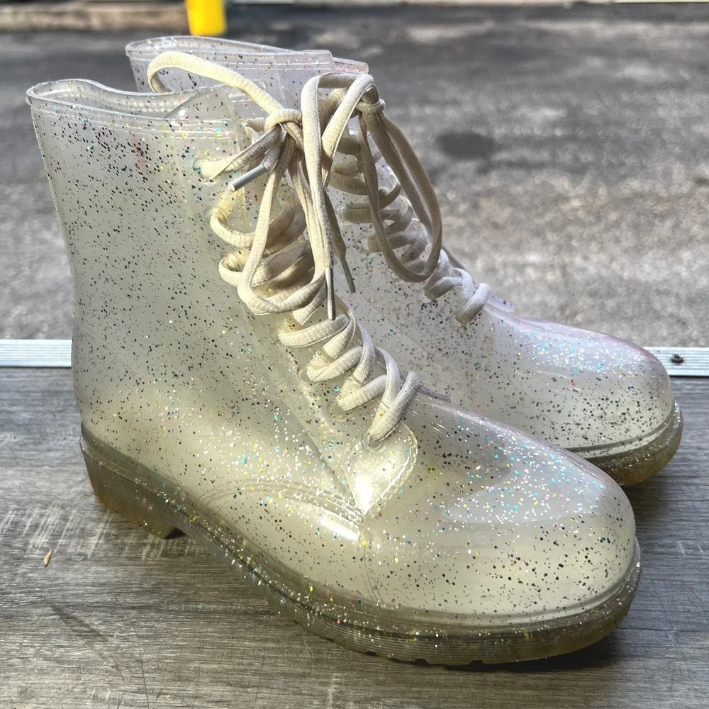 Y2K Urban Outfitters Combat Boots Clear Glitter Jelly Womens 8  Lace Up FESTIVAL